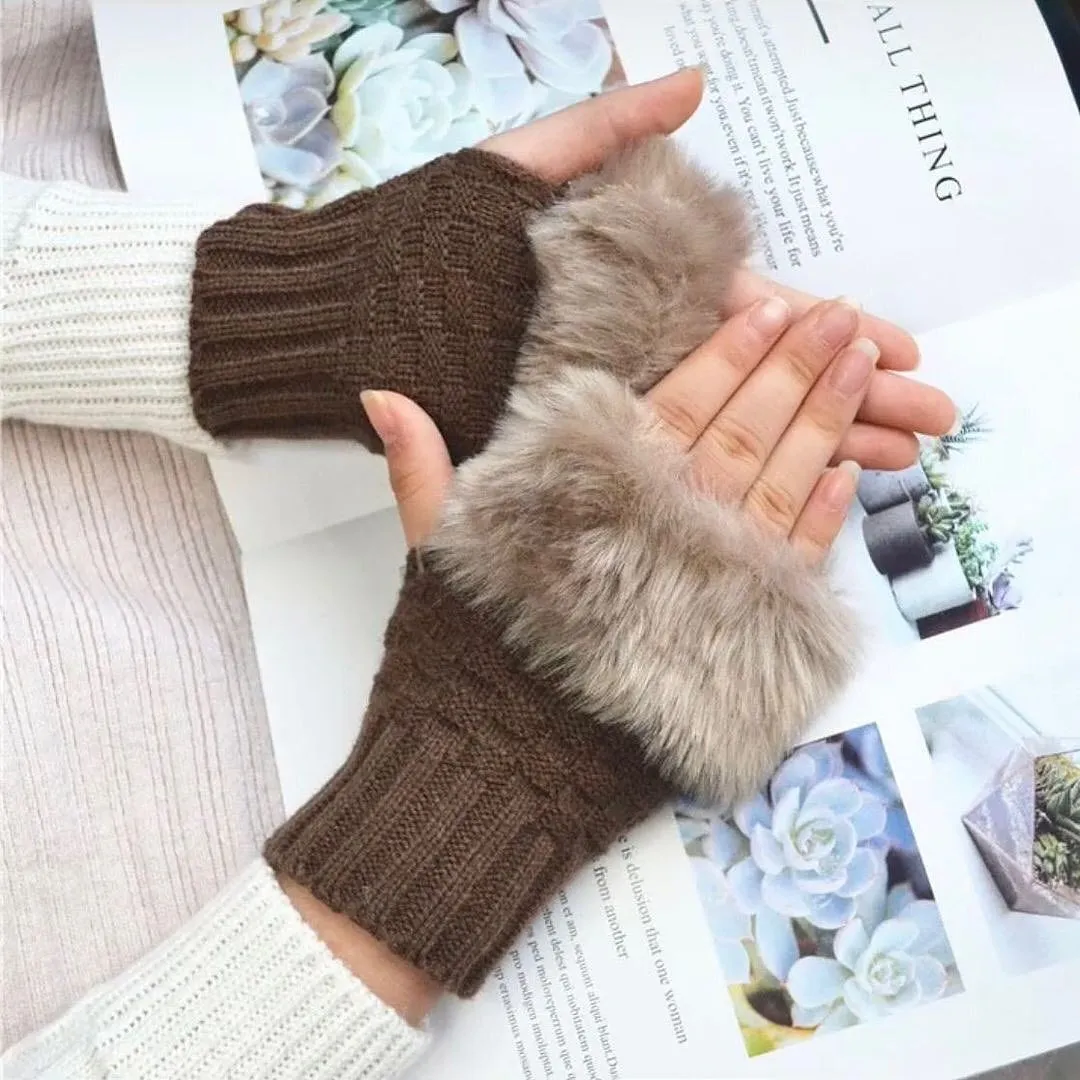 Furr Winter Warm Half Finger Gloves Faux Wool Soft Rabbit Gloves