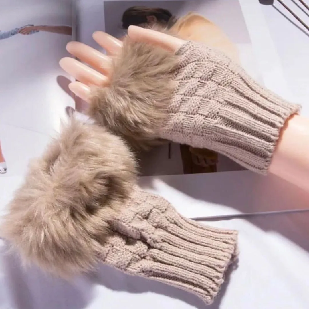 Furr Winter Warm Half Finger Gloves Faux Wool Soft Rabbit Gloves