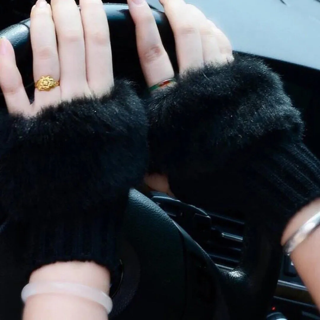 Furr Winter Warm Half Finger Gloves Faux Wool Soft Rabbit Gloves