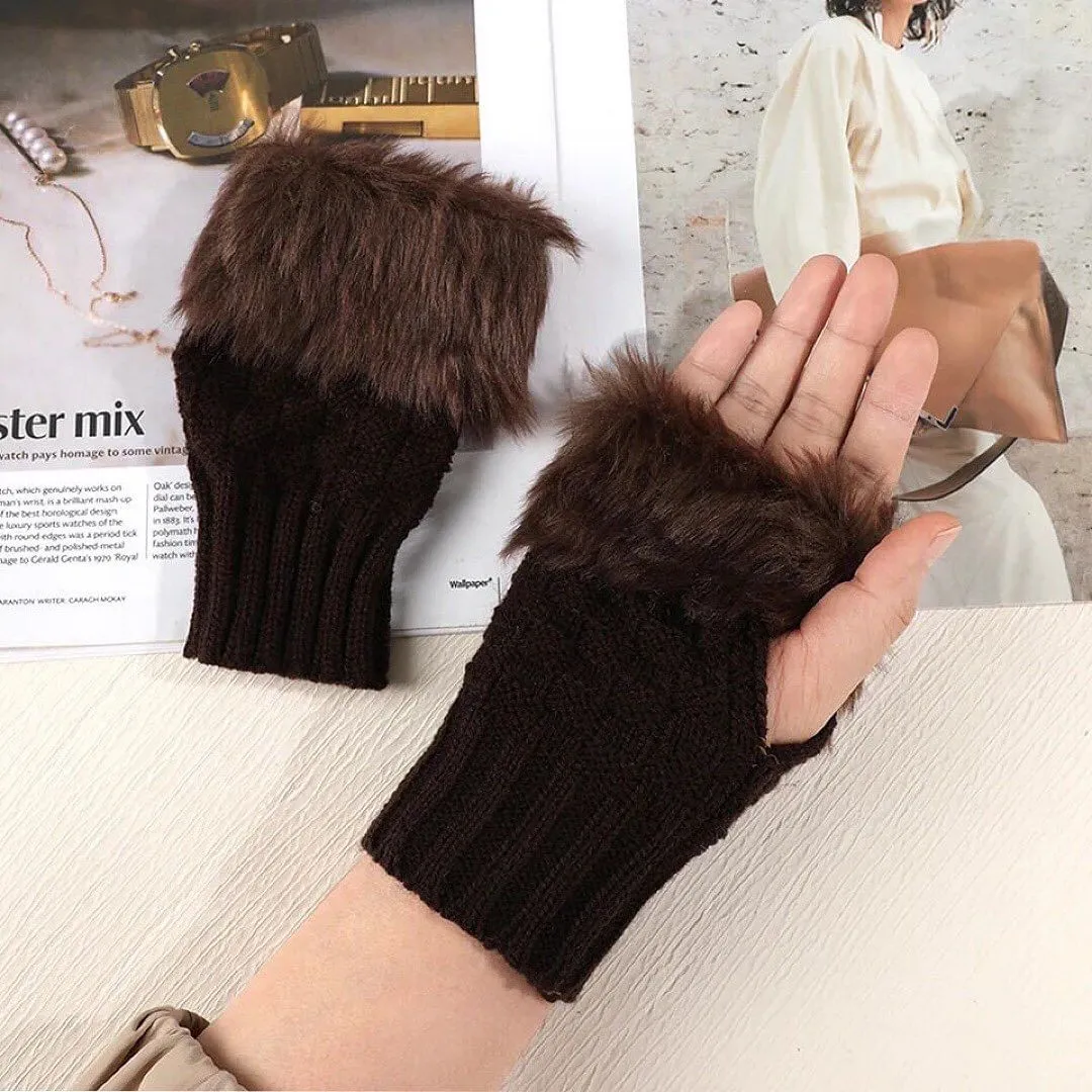 Furr Winter Warm Half Finger Gloves Faux Wool Soft Rabbit Gloves