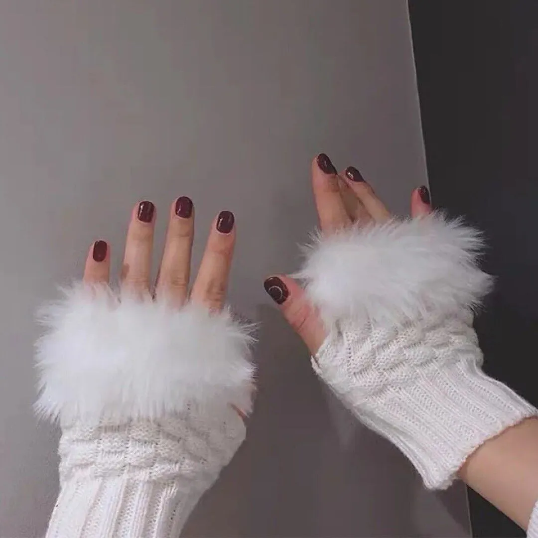Furr Winter Warm Half Finger Gloves Faux Wool Soft Rabbit Gloves