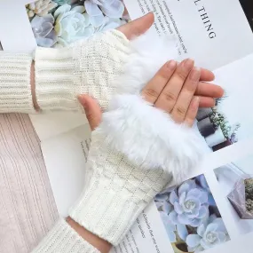 Furr Winter Warm Half Finger Gloves Faux Wool Soft Rabbit Gloves