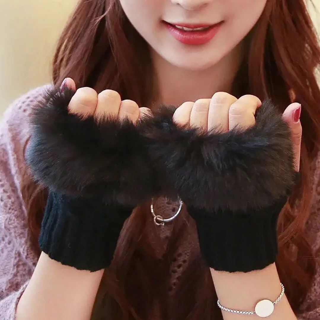 Furr Winter Warm Half Finger Gloves Faux Wool Soft Rabbit Gloves
