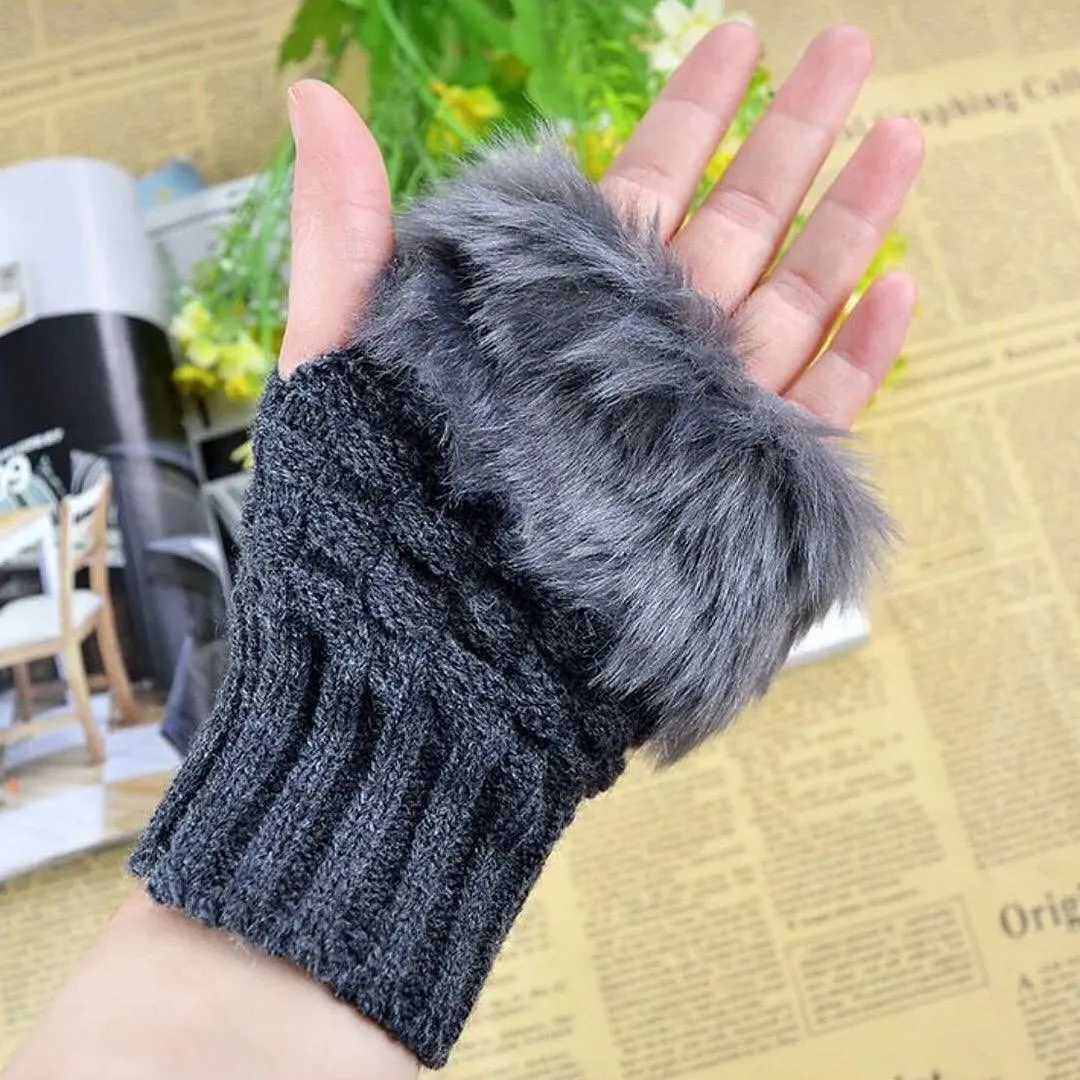 Furr Winter Warm Half Finger Gloves Faux Wool Soft Rabbit Gloves