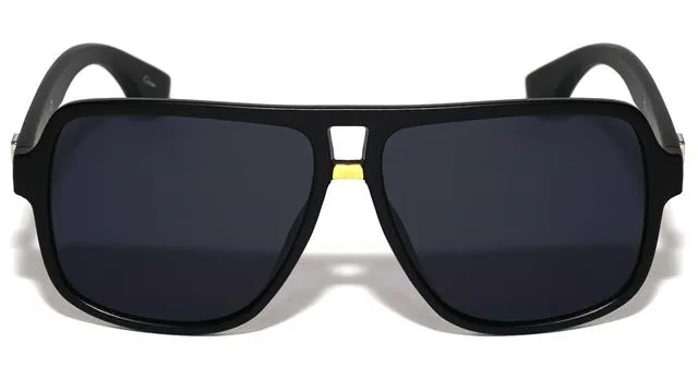 Mens Designer Pilot Flat Top Retro Sunglasses with Oversized Black Frame