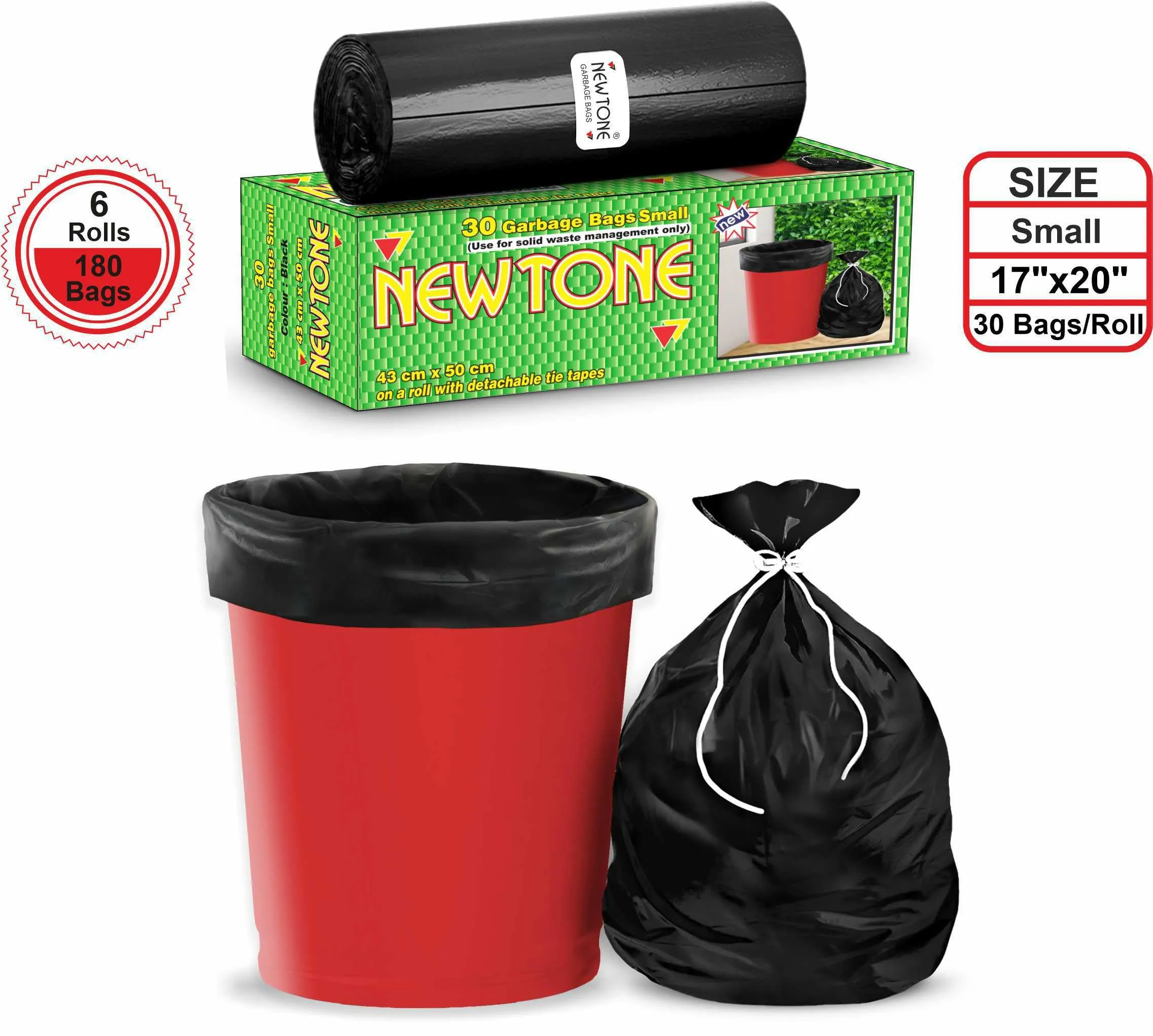 Newtone Premium Garbage Bags Size 17 X 19 Inches (Small) 180 Bags (6 Rolls) Dustbin Bag/Trash Bag - Black Color