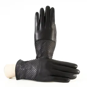 Women's black nappa leather gloves with water reptile top silk lined