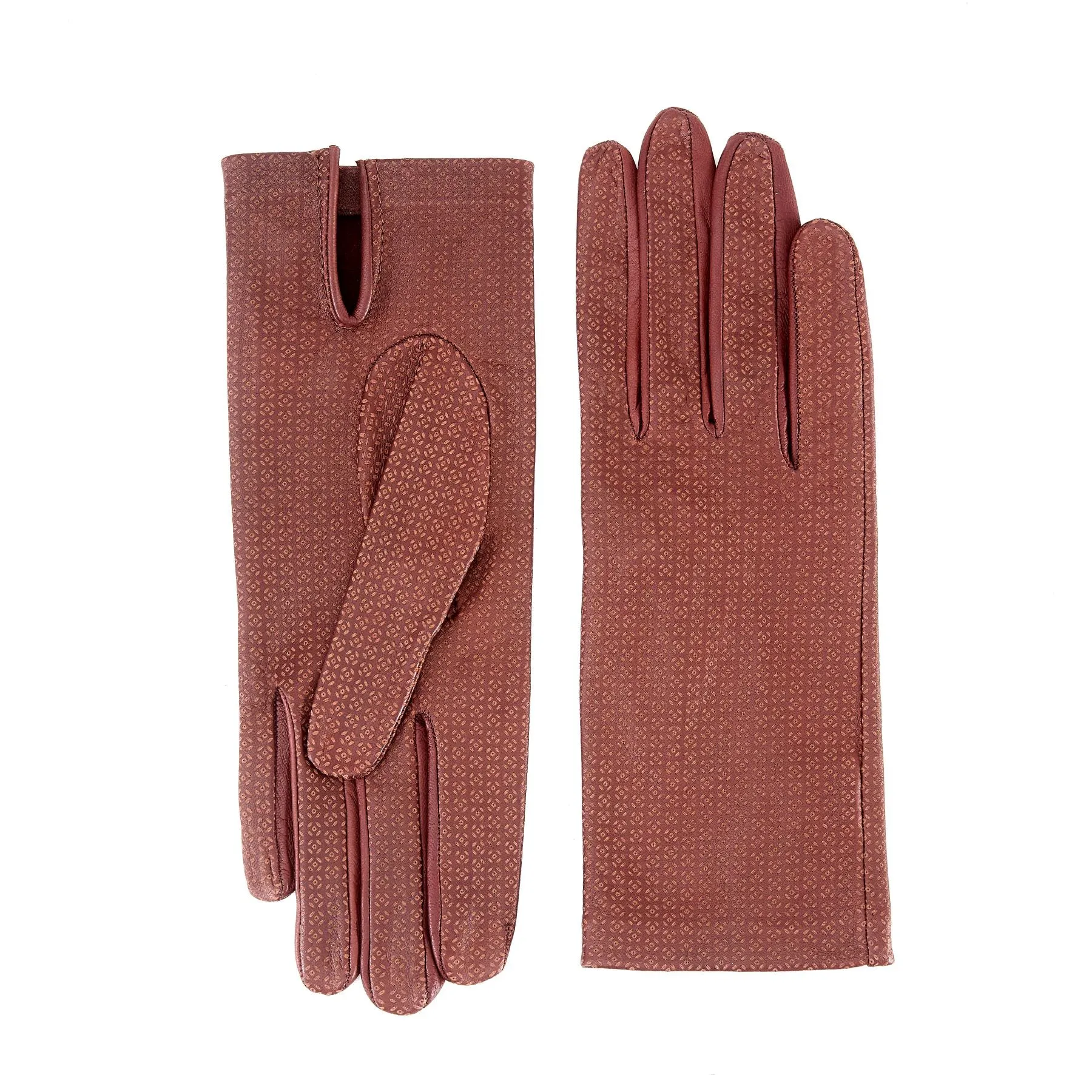 Women's unlined light brown nappa leather gloves with all over laser cut detail