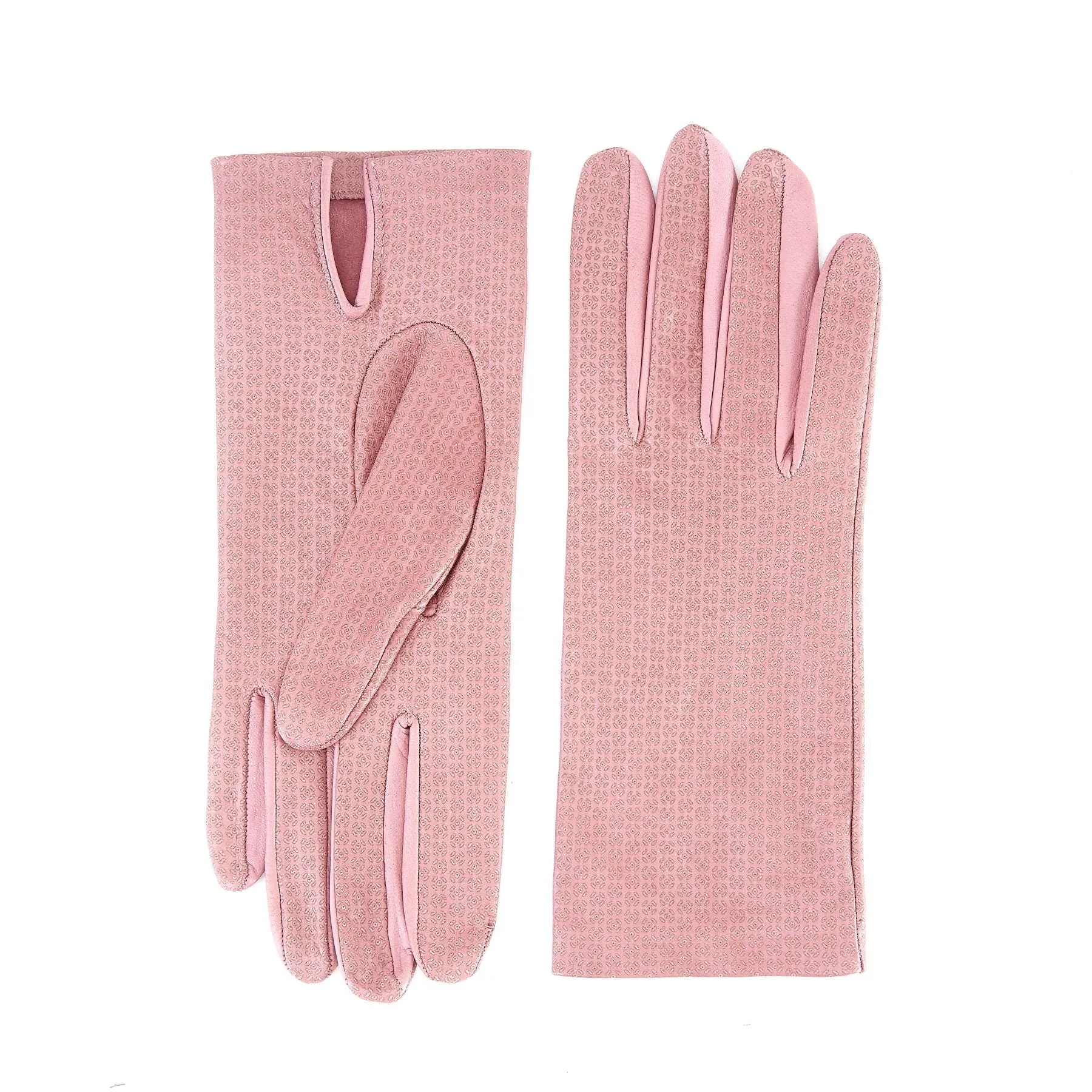 Women's unlined pink nappa leather gloves with all over laser cut detail